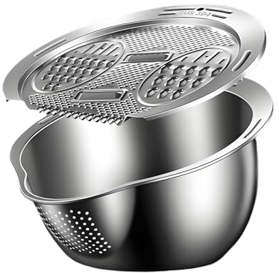 Rice Washing Bowl, Stainless Steel Rice Strainer with Vegetable Cutter for Washing, Pasta Strainer Draining Strainer with Spout, Kitchen Strainer Straining Aid for Washing & Draining Pasta, Potatoes