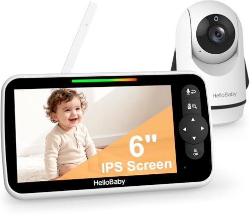 HelloBaby Monitor de Video para Bebés de 6, Pantalla Grande con Cámara y Audio, Batería de 4000mAh y Modo Eco, Visión Nocturna, Sin WiFi, Conversación Bidireccional y 8 Canciones de Cuna, Cámara PTZ