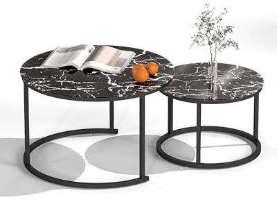 Ginhow Couchtisch Glas Schwarz 2er Set, Glastisch Rund, Wohnzimmertisch Modern mit Marmoreffekt, Coffee Table im modernen Stil, Beistelltisch Rund mit schwarzem Rahmen