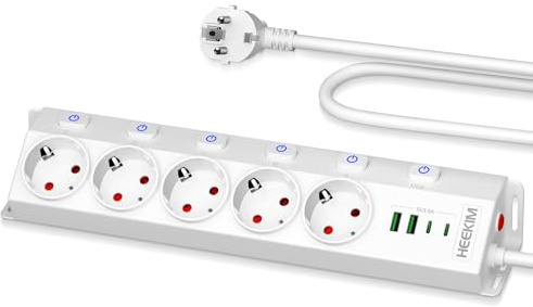 Regleta de 5 Enchufes con 2 USB-A y 2 USB-C, Regleta con Interruptor 4000W 16A, Cable de 2M, Regletas Enchufes para Cocina y Oficina, Enchufe de Mesa Negro (Blanco, 2M)