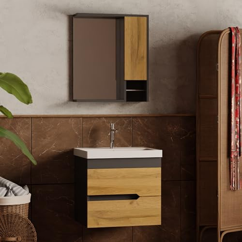 KAREN banyo Badmöbel Set Eiche & Anthrazit Marmara | Waschtisch mit Unterschrank und Spiegelschrank in 60/80/100 cm | Badezimmerschrank-Set | Keramikwaschbecken | Handtuchstange | Softclose (60)