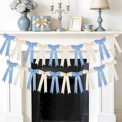 CORNER LACE 2Pcs Blue Cream Bow Garlands Banner Decor, Ribbon Streamer Bow Banner Hanging Garland Ornament Pre-Strung for Home Nursery Room Holiday Wedding Birthday Party Decoration Supplies