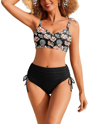 Ekouaer Bikini Damen Set Bauchweg High Waist Bademode Sexy Zweiteiliger Badeanzug Twist Front Swimsuit Bikini-Sets, Schwarz Blume L