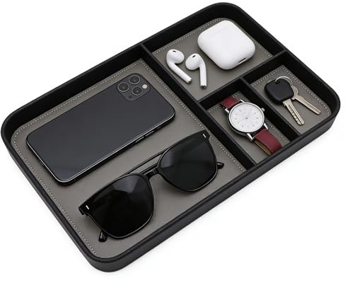 HAFRILY Lederschale Tablett Stilvolle und organisierte Ablage Valet Tray | Büro und Nachttisch Organizer 4-Fach Taschenleerer Organizer für Handy Schlüssel Schmuck Brille Schlüssel Uhr Geldbörse