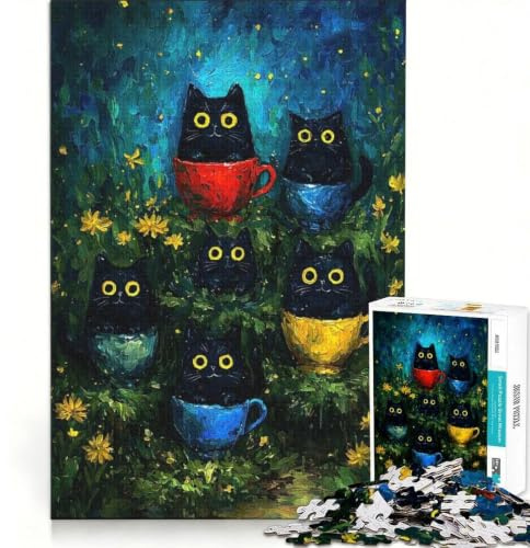 Puzzle pour Adolescents 1000 pièces Chats Noirs dans des Tasses à thé, Peinture, Jouet Anti-Stress, décompression intellectuelle, Cadeau d'anniversaire Unique 38x26cm