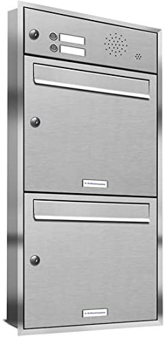 AL Briefkastensysteme, 2er Unterputzbriefkasten, Doppel-Briefkasten mit Klingel, 2 Fach, Briefkastenanlage modern, rostfrei Edelstahl Postkasten