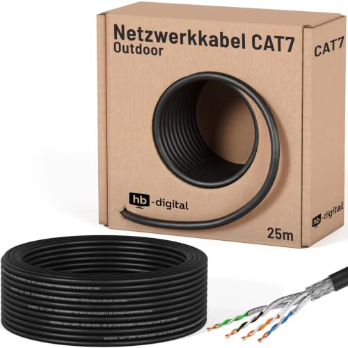 HB-DIGITAL 25m Câble Réseau Extérieur Cable Ethernet RJ45 CAT 7 - Câble d'Installation Blindé S/FTP - Double Blindage PiMF - Cuivre Pur AWG23 - max. 1000MHz 10Gbps - Extérieur PE - Noir