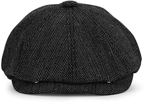 KeepSa Newsboy Stil Tellermütze Schirmmütze Herren Damen - 8 Panel Peaky Fischgräten Tweed Retro Schiebermütze Schlägermütze Gatsby Cap - 61cm, Schwarze