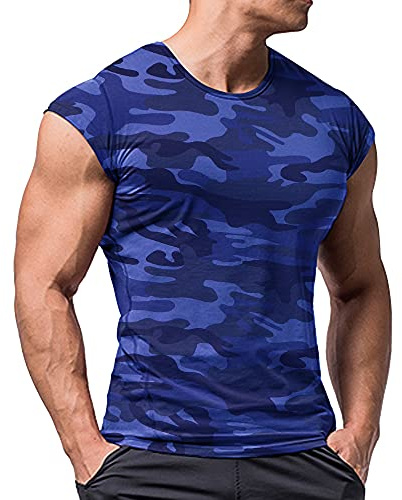 Hommes Athlétique T-Shirts Tees Court Manche Musculation Faire des Exercices Entraînement Aptitude Hauts Équipage Cou Coton Bleu Camo XL