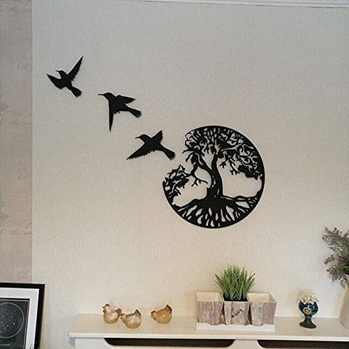 HQL 11,8 Metall Schwarzer Baum des Lebens Wandkunst - 3 fliegende Vögel Wandskulptur - Innen- und Außen-Schlafzimmerdekorationen, moderne runde Wanddekoration Wall