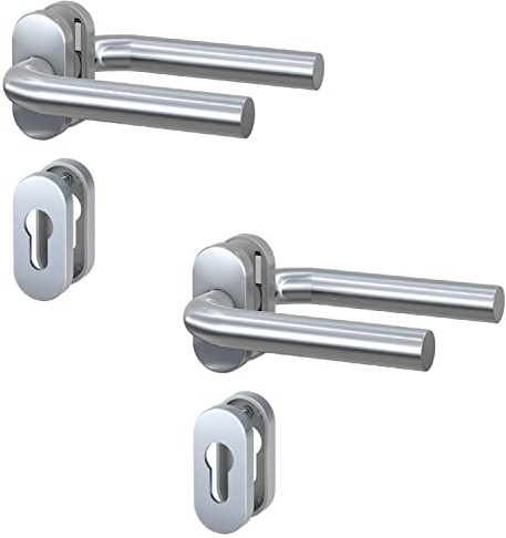 BASI | 2er SET | Schmalrahmen-Garnitur für Profilrahmentüren | Edelstahl | Drückergarnitur in U-Form | Rosetten oval | für Stahl Aluminium Kunststoff-Türen | Vorrichtung für Profilzylinder | 2 Stück