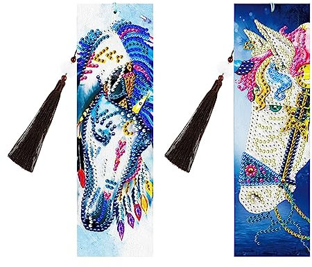 NCTCITY 2 Sätze 5D Diamant Malerei Lesezeichen DIY Schöne Tier Leder Quaste Lesezeichen Diamond Painting Bookmark Strass Stickerei Kunst Handwerk Geschenk für Home Office Schule - Pferd