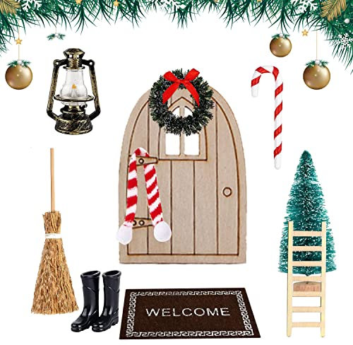 Porte de Lutin Miniature Porte Lutin de Noel Noël Miniature pour Porte de Lutin Kit de Noël pour Porte de Lutin Bottes Arbre de Noël Balai Tapis Couronne Lanterne Échelle en Bois Foulard,10 Pièces