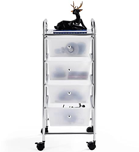 costoffs 4 Drawers Rolling Storage Cart with Lockable Wheels, Plastic Mobile Utility Trolley Unit for Kitchen, Office, Home, Salon, White