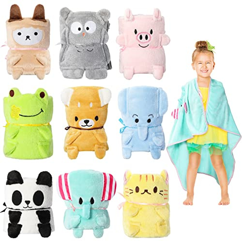 Boyiee 9 Pack Kids Travel Blanket for Airplanes Daycare Nap Blankets in Bulk Small Cute Animals Lightweight Fleece Throw Blanket for Kids Birthday Party Favors