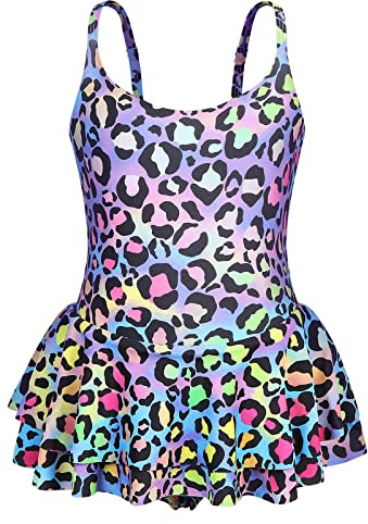 AmzBarley Mermaid Swimming Costume Girls One Piece Swimsuit Little Kids Fish Scale Swimwear Skirt Leotard Children Swim Wear Bathing Suit Beachwear Age 9-10 Years 150 Leopard
