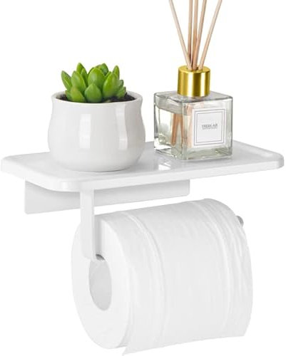 Porte-rouleau de papier toilette avec étagère, fixation murale adhésive ou vis en aluminium pour salle de bain (blanc)