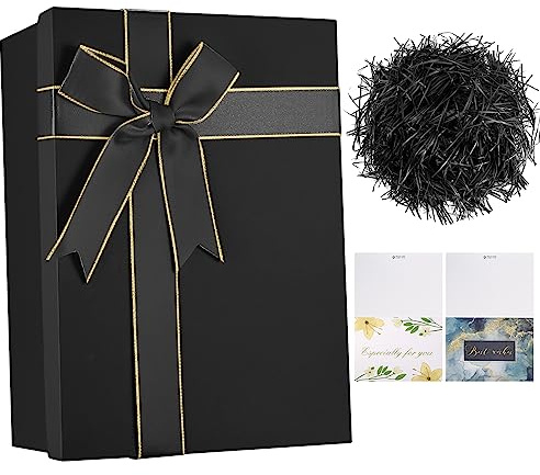 Cajas de regalo, pequeñas cajas de cartón, cajas de regalo con tapa para Navidad, cumpleaños, fiestas, envoltorio de regalos, con cordel, 2 tarjetas de felicitación - Negro