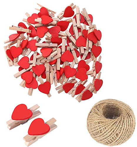 SKYPRO 100 Stück Rote Mini-Wäscheklammern aus Holz, Herzförmig, 3 cm, Mit Schnur für Fotos, Basteln, Hochzeit und Babyparty-Dekoration