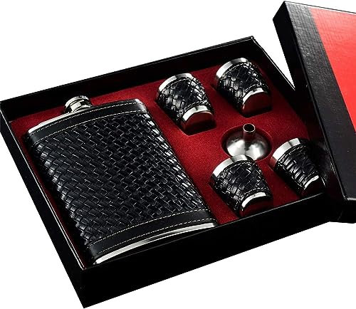 Schwarzes 9OZ-Flachmann-Set – gewebtes PU-Leder und Edelstahl mit Trichter und 4 Bechern, kleiner Flachmann für Unterwegs Männer Jäger Wandern Jagd Herrentag Geburtstag Vatertag
