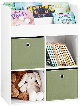 SoBuy KMB79-W Kinder Bücherregal Kinderregal mit 2 Stoffboxen Spielzeugregal Aufbewahrungsregal für Kinder Spielzeug-Organizer Weiß BHT ca. 60x80x34cm