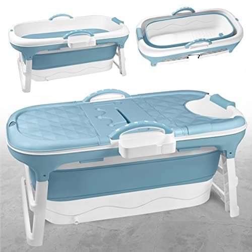 TRMLBE Badewanne Erwachsene Faltbare 148 x 62 x 52cm PP+TPE Badewanne Klappbar Tragbar Mobile Bathtub mit Abnehmbare Abdeckung und Griff - Blau