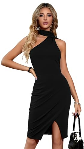 KOEMCY Vestito Senza Maniche Donna Asimmetrico Abito Elegante Cerimonia Cocktail Monospalla Drappeggiato Tubino Formale Festa Abiti Eleganti da Sera Spacco Laterale Vestiti Midi