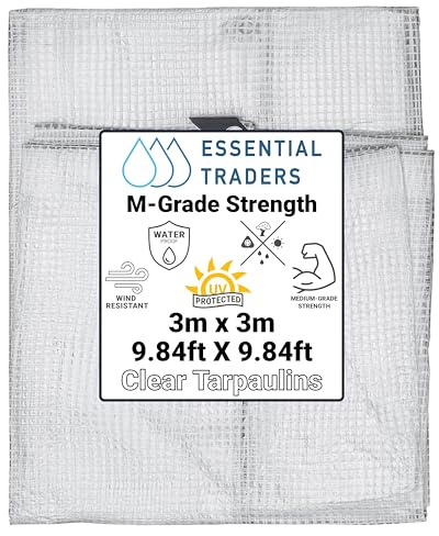 Clear Monotex Heavy Duty Tarpaulin, 100gsm Waterproof Ground Cover Multipurpose Furniture, Caravan, Vehicle, Tool, Camping & Shed Mono Sheet, Medium Weight Reinforced Cotton Mesh (3m x 3m)