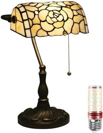 Uziqueif Vintage Lampe de bureau/lampe de banquier, Lampe de Chevet Tiffany, Abat-jour en vitrail, interrupteur à tirer et ampoule, pour Salon, Tête de lit,Rose a