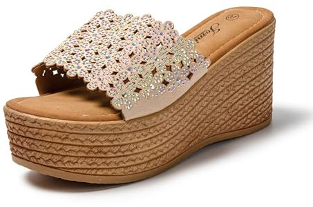 JOMIX Pantoletten Damen mit Absatz Strass Sandaletten Plateau Sommer Frauen Schuhe Keilsandalen Elegant (Beige, 40 EU, SD9102)