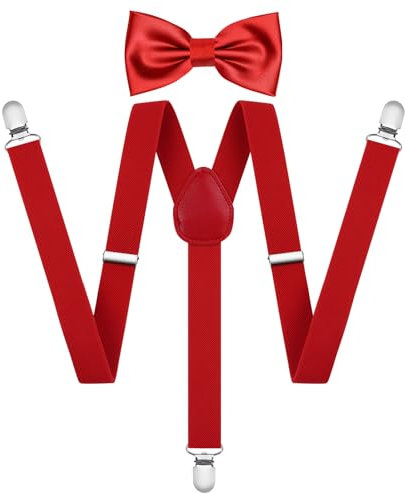 AOOWU Bretelles Homme Réglable 3 Clips, Bretelles 2.5 cm de Large en Y pour Hommes, Couleur Unie Mens Bretelle Noeud Papillon Set, Rouge