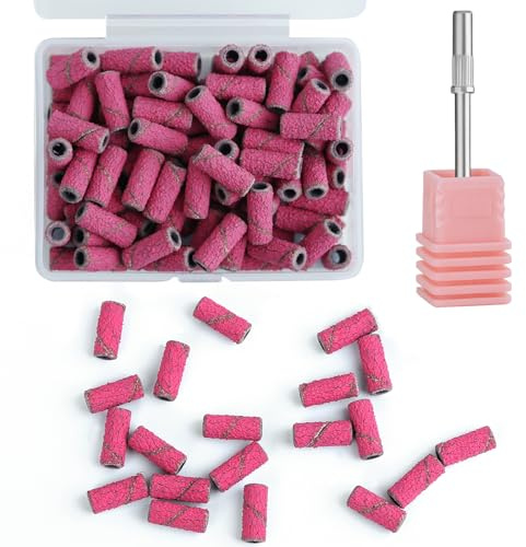 Vnjaoi 100 Pcs Nagelbohrer Bits Upgrade kleine Schleifbänder mit 1Pcs 3.1mm Mandrel Bit, 80 # Grit Nagelfeile für Acrylnägel Gel entfernen Maniküre und Pediküre