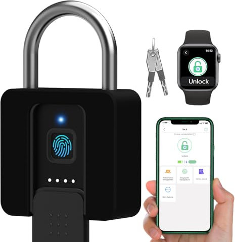 Eseesmart Fingerabdruck-Vorhängeschloss mit Schlüssel, Bluetooth-App, wasserdichtes Außenschloss, Schutzhülle für Lagertor, Hof (P10)