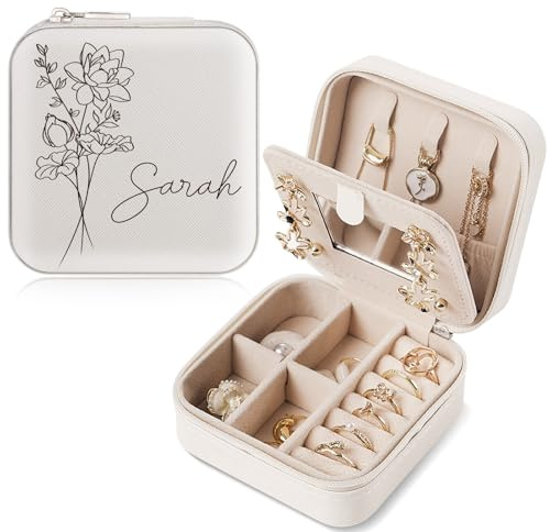 Chrifansi Joyero personalizado de viaje, estuche de cuero para joyas, pequeño regalo personalizado para mujeres y niñas, nombre y mes de flores de nacimiento (blanco con espejo)