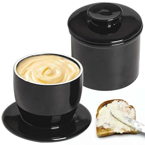 Burriera francese, in ceramica con coperchio rotondo, raffreddato ad acqua con linea di galleggiamento, campana per burro in ceramica, per burro spalmabile, colore nero