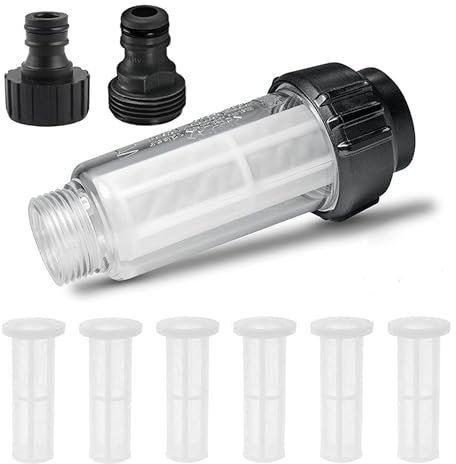 Wasserfilter Gartenschlauch, 3/4 Zoll Wasser Vorfilter Wasserfilter Set mit 5 Filtereinsatz & 2 Schnelladapter für Hochdruckreiniger Wohnmobil Gartenpumpe