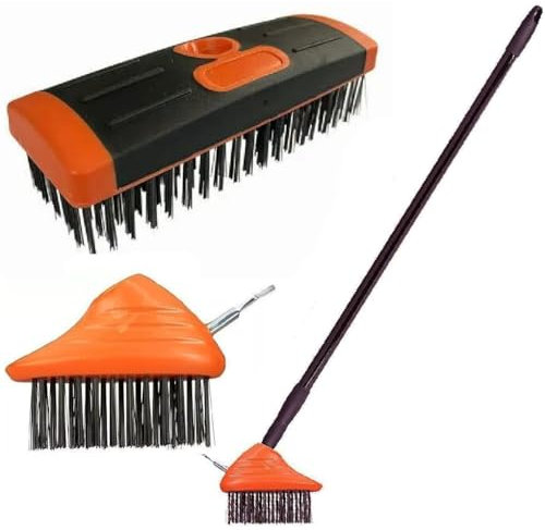 3 in 1 Telescopic Weed Remover Brush Wire Head Paving Decking Clean Scrub Moss Weed Remover Tool Wire Brush Scraper Set with Metal Broom & Weed Removal Head (Orange)