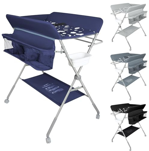 OHMG Fasciatoio Pieghevole Fasciatoio Portatile con Cintura di Sicurezza e Scomparti Portaoggetti,Tavolo Cambio Pannolini Multifunzionale Portatile per Bagnetto Neonati,4 ruotes