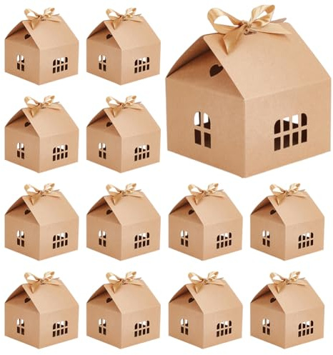 PH PandaHall Cajas de regalo con forma de casa, 12 juegos de bronceado, cajas de papel kraft con cintas, bolsas de cartón para dulces, para Navidad, boda, fiesta de Halloween 12,5 x 12,5 x 13,5 cm