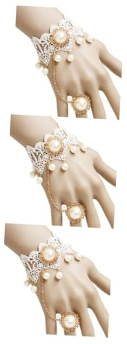DEARMAMY 3 Piezas Brazalete Bordado Con Cuentas Perlas Con Anillo Pulseras De Perlas Pulseras De Cuentas Joyas De Boda Para Damas De Honor Pulsera De Encaje Nupcial Joyería Nupcial