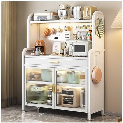 Weißer 5-stöckiger Küchenschrank mit Schublade und verstellbarem Regal, Mikrowellenständer und Ofenregal, Schrank für Küchenstall, 147,5 × 80 cm