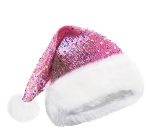 Glitzer-Weihnachtsmannmütze Für Damen, Weihnachtsmannmütze Mit Pailletten, Weihnachtsmann-Kostümmütze Mit Glänzenden Pailletten Und Bommel, Weihnachtsmützen, Weihnachtskopfbedeckungen Für Das Neujah