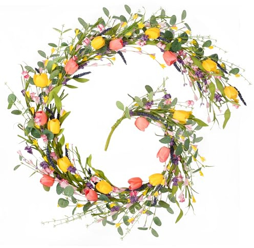 HOHOTIME 6FT Tulip Flower Garland with Eucalyptus, Artificial Spring Floral Vines for Mantle Wedding Porch Staircase Indoor Decor, Fake Wildflower Home Decoration