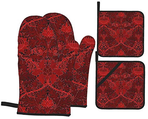 4 Stück Ofenhandschuhe Set Damast Rot Schwarz Grillhandschuhe Hitzebeständige Backhandschuhe Wasserfeste Topfpads, Für Mikrowelle, Küche, BBQ