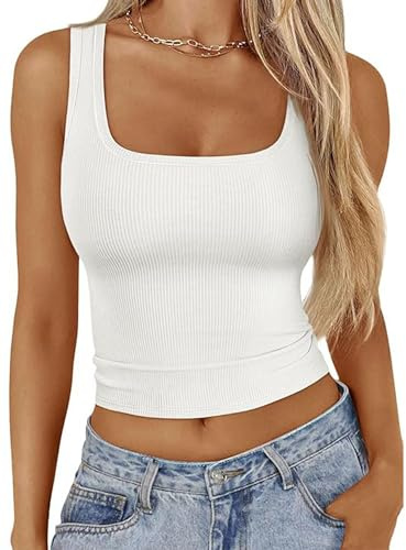 Women's Sleeveless Scoop Neck Ribbed Tank Tops Workout Crop Tops Slim Fitted Basic Cami Tee Shirts Aesthetic Vest Tops Streetwear (White,M)