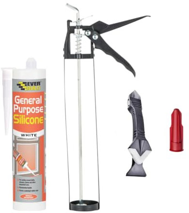White Silicone Sealant Anti Mould Bundle - General Purpose Waterproof White 280ml, Skeleton Caulking Gun, Silicone Tool and Threaded Nozzle with Cap