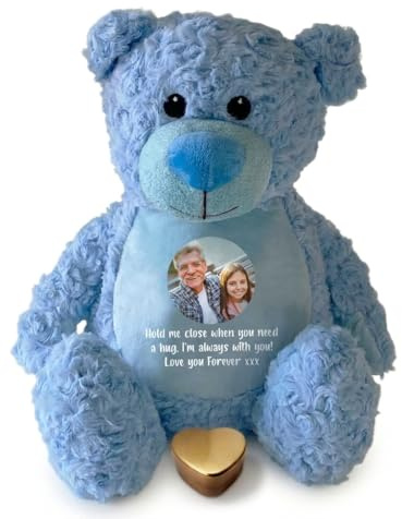 Oso de recuerdo de cenizas con foto personalizable, color azul, urna de metal en forma de corazón para cenizas de estaño, recuerdo conmemorativo de duelo, foto y mensaje personalizados, regalo de