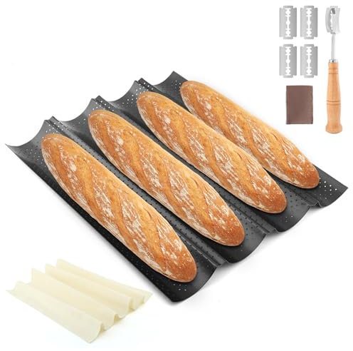 HKZTUY Baguette Bread Pan Set, 4-Loaf Nonstick Perforated French Bread Baking Pan (15 x 12 in) with Proofing Cloth and Lame, Baguette Baking Kit (Black)