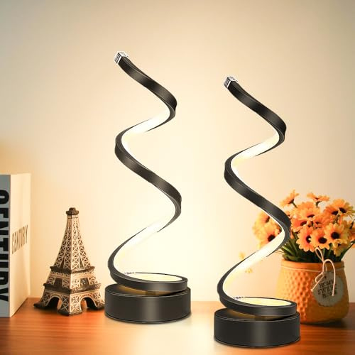 Black Bedside Lamps for Bedroom,12W(Each),Bedside Lamps Set of 2 Dimmable,Led Spiral Table Lamp for Living Room,Decorative Desk Light,Desk lamp Home Office,Nightstand,Side Table End Modern Minimalist