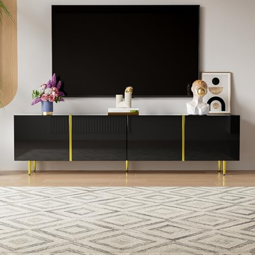Hochglanz TV-Schrank mit 4 Türen Lowboard goldene Beine TV-Ständer für Wohnzimmer Modern TV Möbel Tisch 170 cm Lang Sideboard Beistellschrank Schwarz